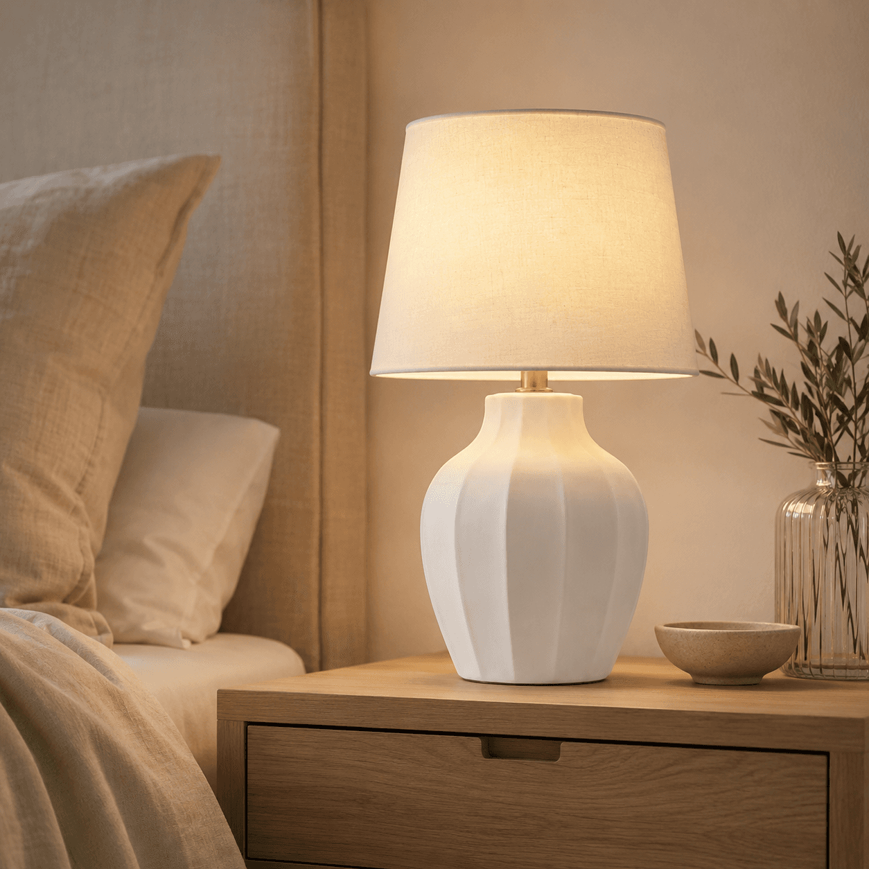 White fluted ceramic bedside lamp with a fabric drum shade