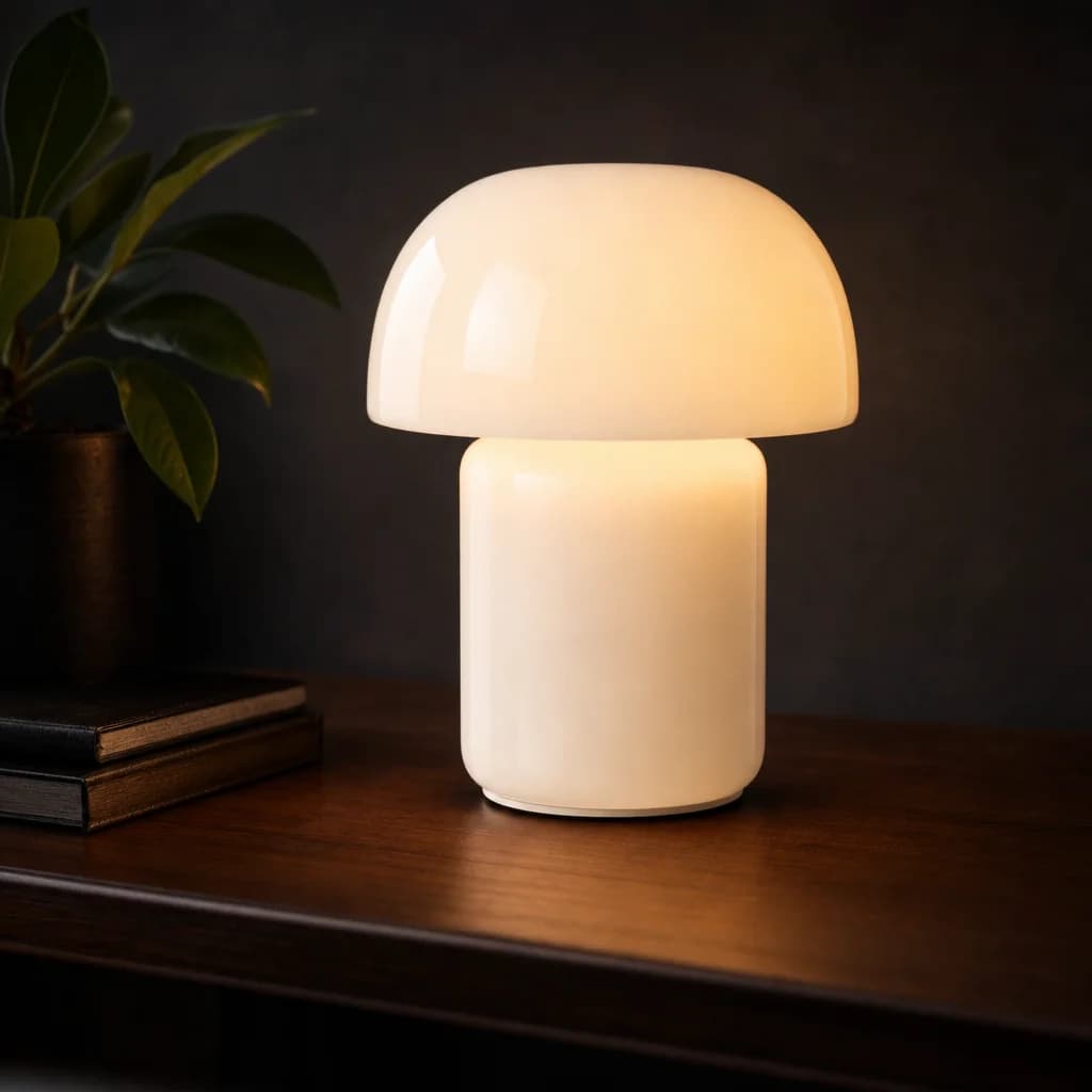 Touch-dimmable glass dome desk lamp beside a monitor