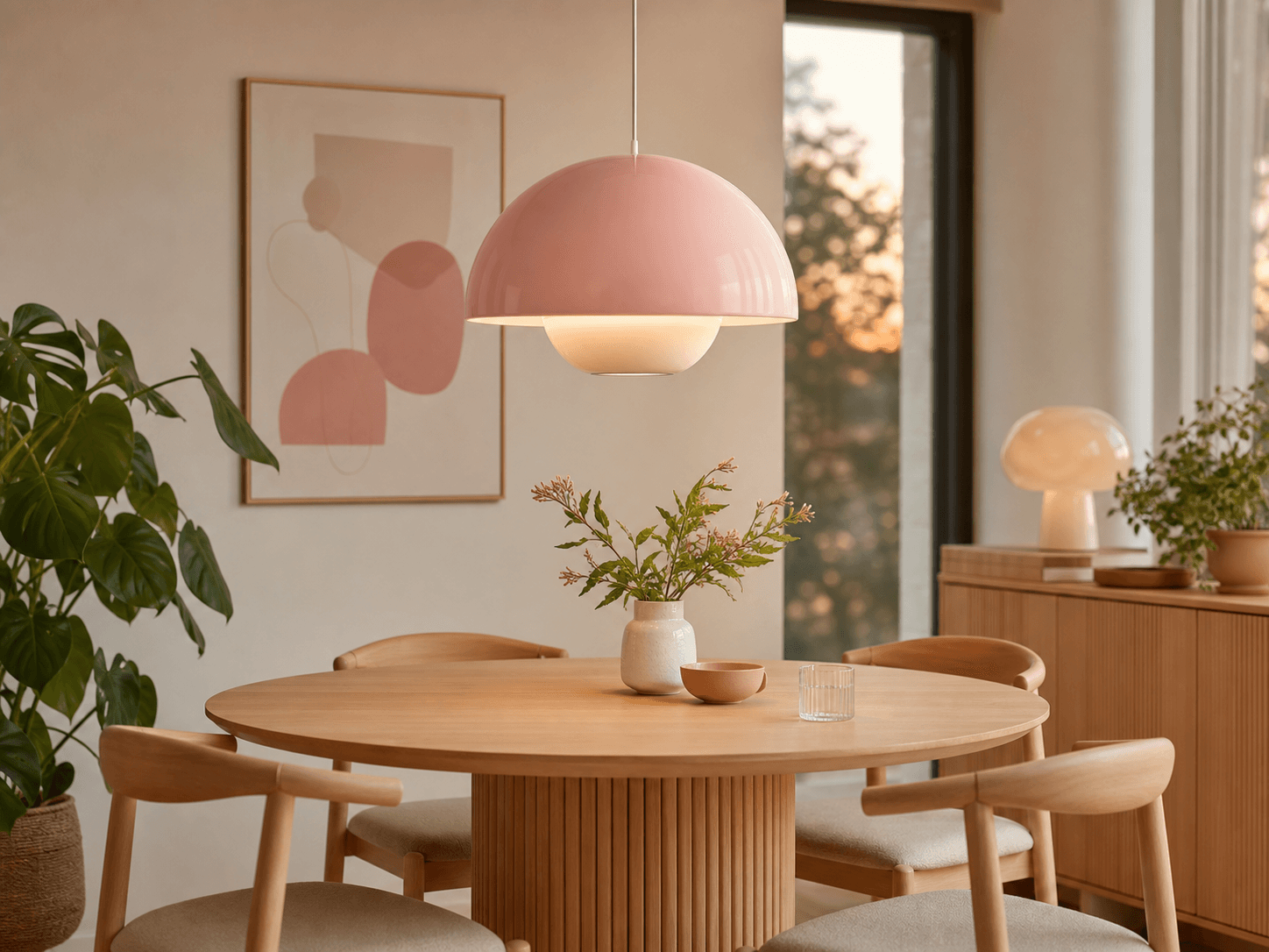 Macaron mushroom pendant light hanging above a table