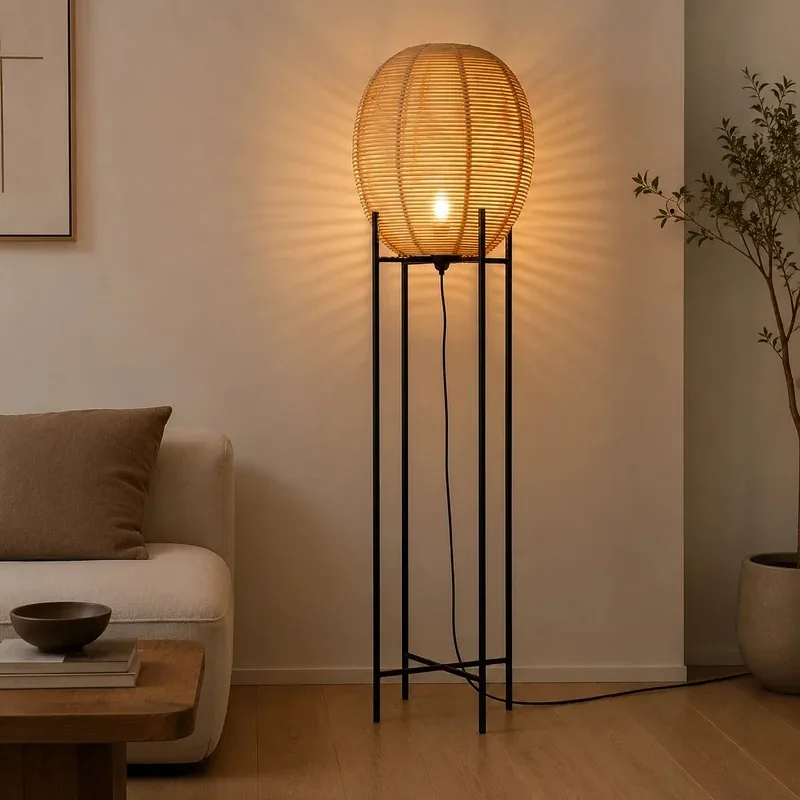 Wabi-Sabi Rattan Globe Floor Lamp – Tall Ambient Standing Light