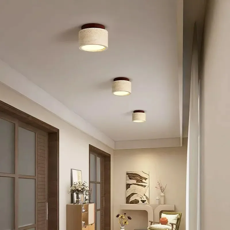 Yellow Travertine LED Ceiling Lamp Japanese Wooden Downlight Round Wood Light for Living Room Corridor Porch Balcony
