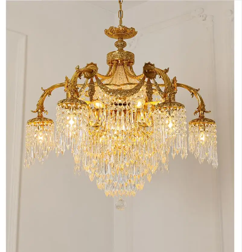 French Copper Crystal Chandelier D85cm H82cm Candle Chandelier For Bedroom Lamp European Villa Duplex Decorative Pendent Light