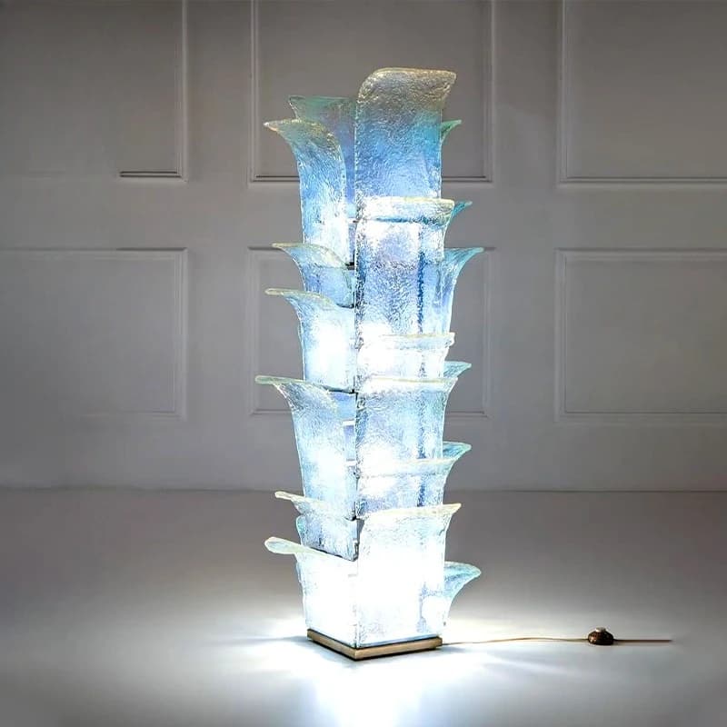 Modern Laminated Blue Glass LED Floor Lamp - Customizable Textured Glass Decor for Living Rooms and Luxury Villas